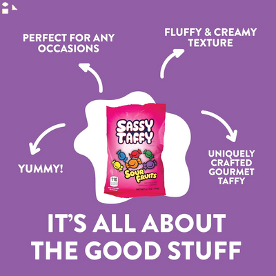 Taffy Town Salt Water Sassy Sour Fruits Taffy - 4.5Oz - Individually Wrapped, Old Fashioned, Soft, Chewy & Creamy Gourmet Taffy Candy Bulk for Party Favors & Goodie Bags - Gluten-Free & Peanut-Free