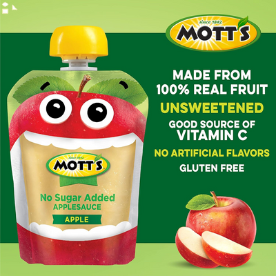 Mott'S No Sugar Added Applesauce, 3.2 Oz Clear Pouches, 4 Count
