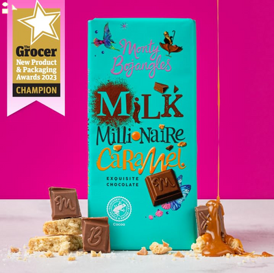 Monty Bojangles Milk Chocolate Millionaire Caramel Chocolate Bar (5.29 Oz) - Exquisite Italian Milk Chocolate & Caramel Bar with Biscuit & a Hint of Sea Salt - from Rainforest Alliance Chocolate