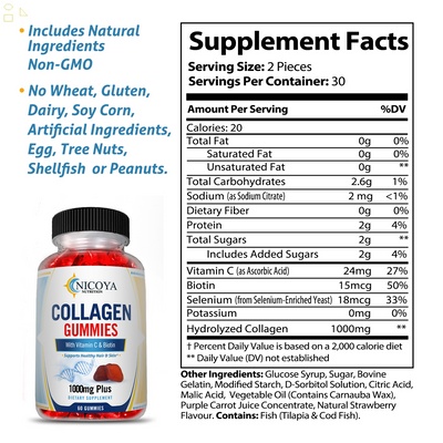 Premium Collagen Hair, Skin and Nails Gummies, Reduce Wrinkles 1000Mg+ 60Ct