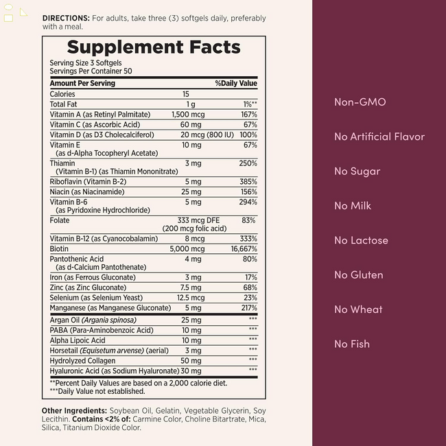 Nature'S Bounty Advanced Hair, Skin & Nails, Argan-Infused Vitamin Supplement with Biotin and Hyaluronic Acid, 150 Rapid Release Softgels, 50 Total Servings