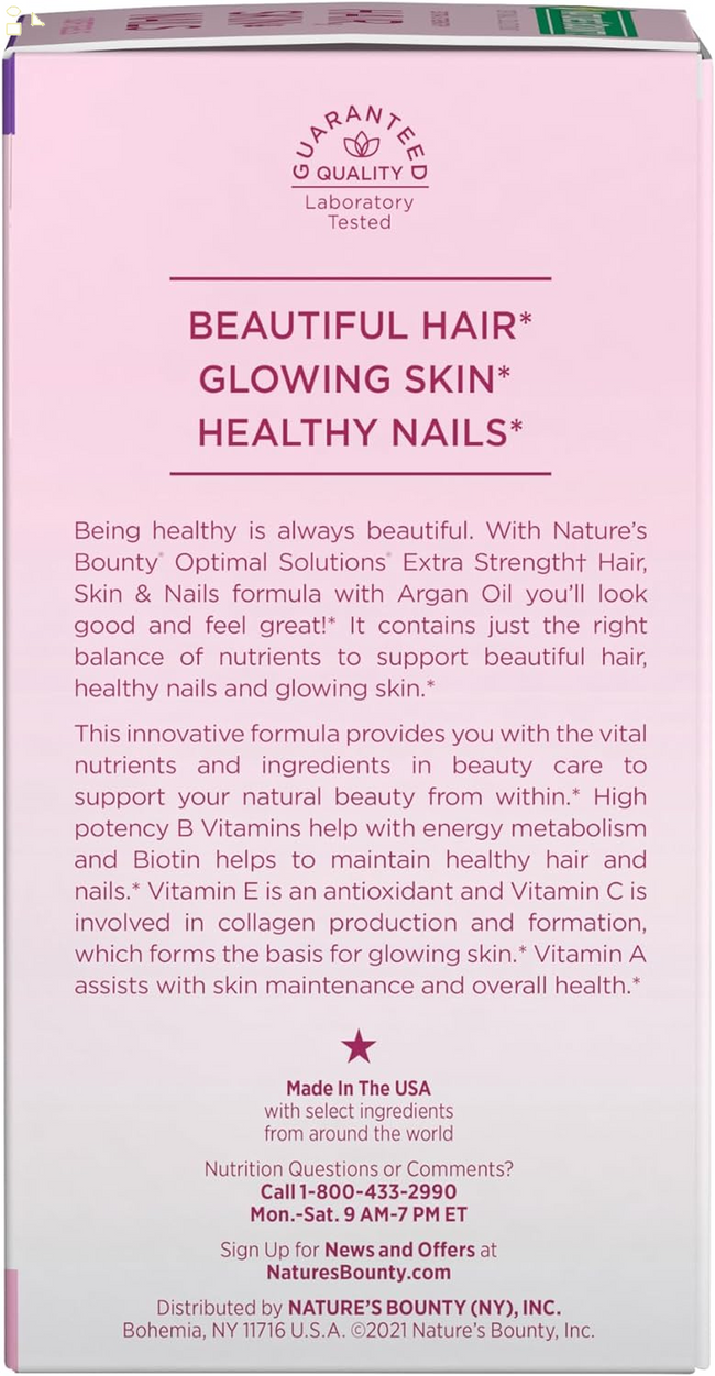 Nature'S Bounty Advanced Hair, Skin & Nails, Argan-Infused Vitamin Supplement with Biotin and Hyaluronic Acid, 150 Rapid Release Softgels, 50 Total Servings