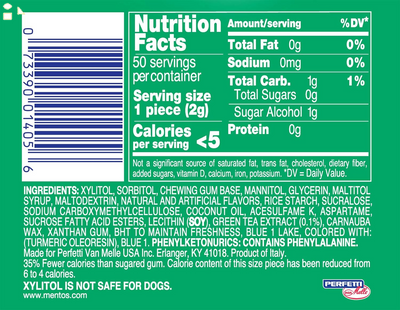 Mentos Pure Sugar-Free Chewing Gum with Xylitol, Spearmint, 50 Piece Bottle
