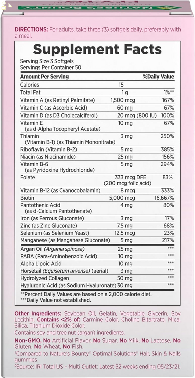 Nature'S Bounty Advanced Hair, Skin & Nails, Argan-Infused Vitamin Supplement with Biotin and Hyaluronic Acid, 150 Rapid Release Softgels, 50 Total Servings