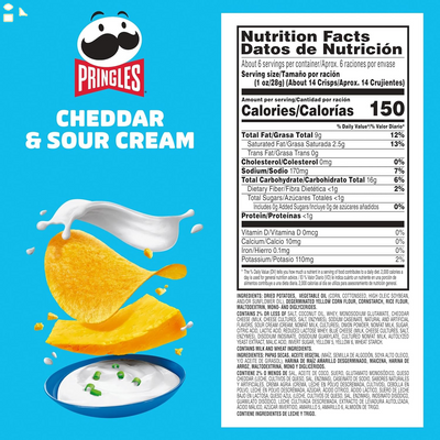 Pringles Potato Crisps Chips, Lunch Snacks, On-The-Go Snacks, Cheddar and Sour Cream, 5.5Oz Can (One Can)