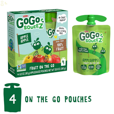 Gogo Squeez Applesauce, Apple Apple, 3.2 Ounce (4 Pouches), Gluten Free, Vegan Friendly, Unsweetened Applesauce, Recloseable, BPA Free Pouches