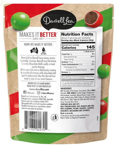 Darrell Lea Chocolate Christmas Balls 5.6 Ounce (Pack of 1), Crunchy Milk Chocolate Treat, No Palm Oil, Made in Australia, Good On-The-Go, Shareable, Great for Gift Giving