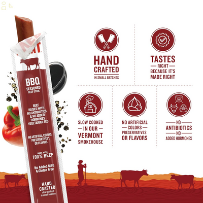 Vermont Smoke & Cure Beef Jerky Sticks, BBQ, 1Oz Stick