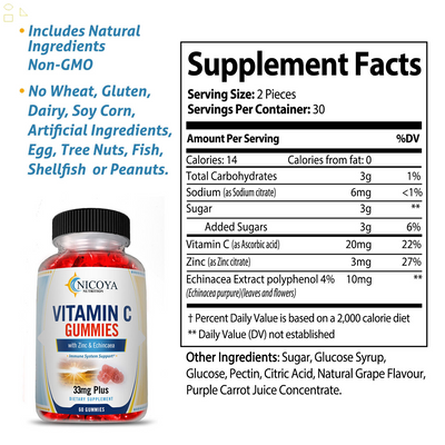 Vitamin C Gummies- Immune System Support, Heart & Brain Health 33Mg+ 60Ct