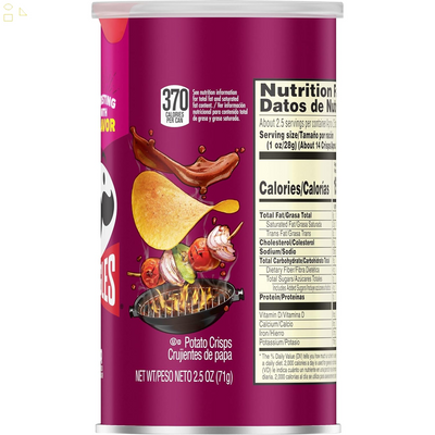 Pringles Potato Crisps Chips, Lunch Snacks, Office and Kids Snacks, Grab N' Go Snack Pack, BBQ, 2.5Oz Can (1 Can)