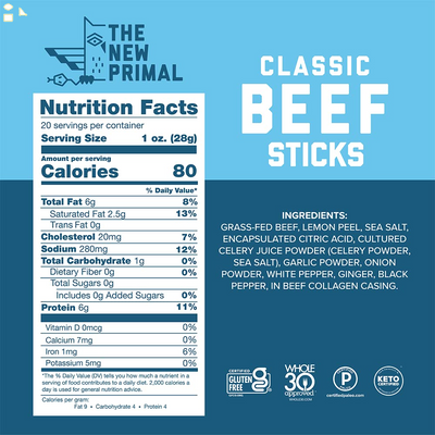 The New Primal Classic Beef Meat Stick, Whole30 Approved, Paleo, Keto, Pantry Staple, Certified Gluten Free, Low Carb, High Protein Snack, Sugar Free, Grass-Fed Beef, 1 Oz, 1 Ounce (Pack of 1)