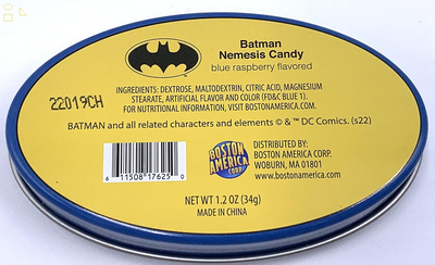 Batman Nemesis Sour Blue Raspberry Candy Collector Batman Logo Tin - One (1) Tin - Batman Emblem Shapped Candies - Joker