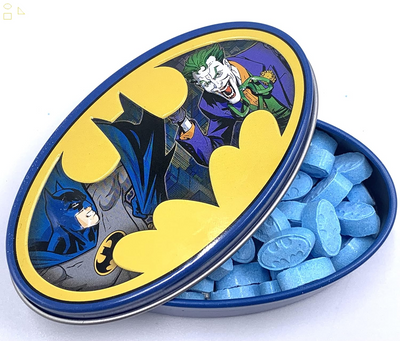 Batman Nemesis Sour Blue Raspberry Candy Collector Batman Logo Tin - One (1) Tin - Batman Emblem Shapped Candies - Joker