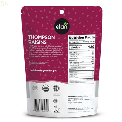 Elan Organic Sun-Dried Thompson Raisins, 7.9 Oz, Dried Fruits, No Added Sugar, Non-Gmo, Vegan, Gluten-Free, Kosher, Healthy Snacks, Naturally Sweet Snack
