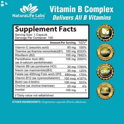 Vitamin B Complex with Vitamin C and Folic Acid - All B Vitamins 100 Veggie Caps