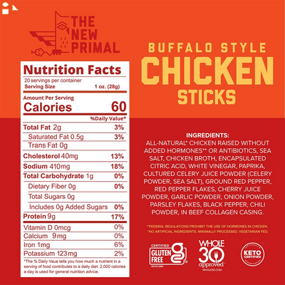 The New Primal All Natural Chicken Stick, Buffalo Style - Keto & Gluten Free Healthy Snacks for Adults, Sugar Free Low Carb, Paleo Meat Stick - 9G Protein, 60 Calories - Buffalo, 1 Oz. (1 Count)