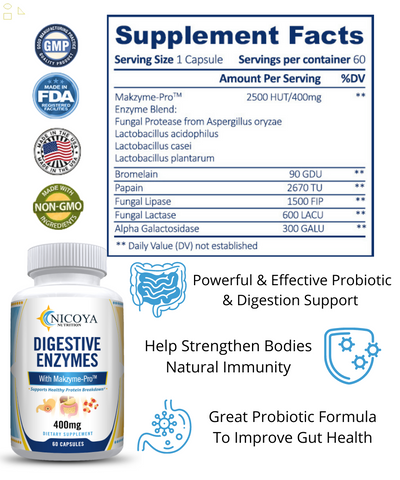 Digestive Enzymes W/ Prebiotic & Probiotics, Gas, Constipation & Bloating 400MG