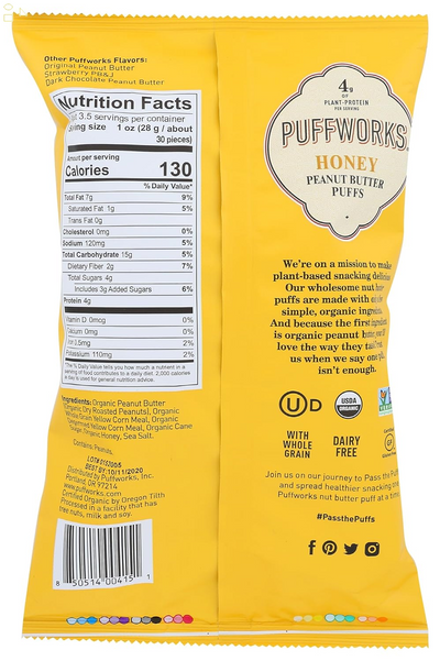 PUFFWORKS Organic Honey Peanut Butter Puffs, 3.5 OZ