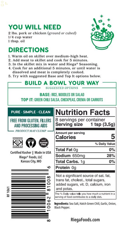 Riega Green Chili Gluten-Free Hatch Green Chili Bowl Seasoning Mix, 1 Oz