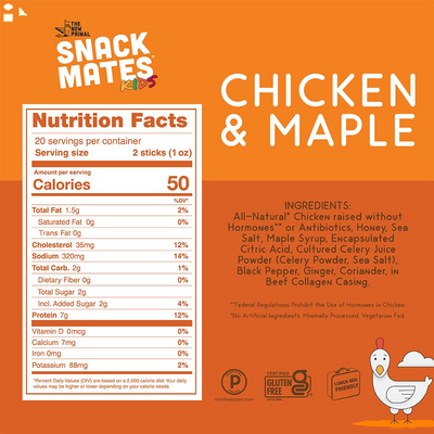 Snack Mates by the New Primal, Chicken & Maple Stick, All-Natural Chicken, High Protein and Low Sugar Kids Snack, Certified Paleo, Certified Gluten-Free, Lunchbox Friendly, 0.5 Oz, Pack of 5