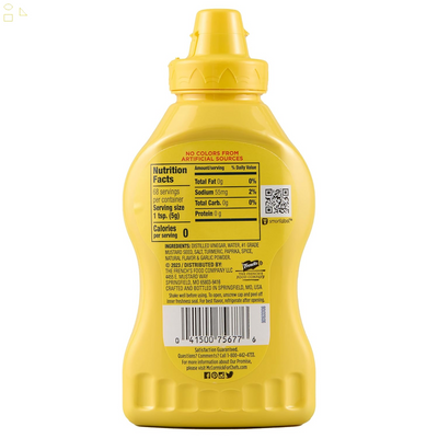 French'S Classic Yellow Mustard, One 12 Ounce Mustard Squeeze Bottle, Best for Tabletop on Hot Dogs, Burgers, Sandwiches and More, 12 Ounce(Pack of 1)Packaging may vary