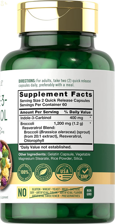 Indole-3-Carbinol (I3C) 400Mg | 120 Capsules | Advanced Formula with Broccoli Extract | Non-Gmo, Gluten Free