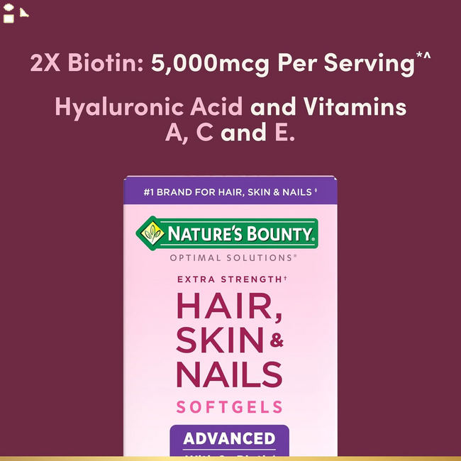 Nature'S Bounty Advanced Hair, Skin & Nails, Argan-Infused Vitamin Supplement with Biotin and Hyaluronic Acid, 150 Rapid Release Softgels, 50 Total Servings