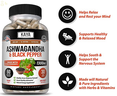 Organic Ashwagandha Capsules 1300Mg Supplement W/ Black Pepper Root Powder