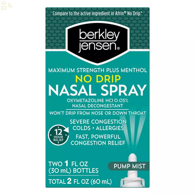 Berkley No Drip Maximum Strength plus Menthol 12 Hour Nasal Congestion Relief Spray 2 X 1Oz Bottles | Compare to Afrin Maximum Strength Active Ingredient