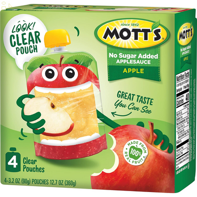 Mott'S No Sugar Added Applesauce, 3.2 Oz Clear Pouches, 4 Count