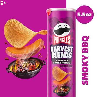 Pringles Harvest Blends Potato Crisps Chips, Lunch Snacks, Blended with Sweet Potato, Smoky BBQ, 5.5Oz Can