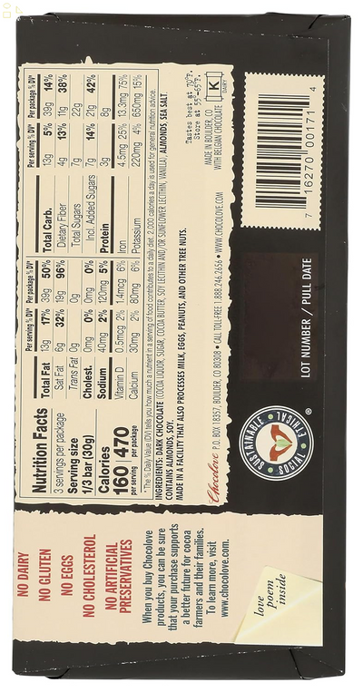 Chocolove Xoxox Bar Almond Salted, 3.2 Ounce