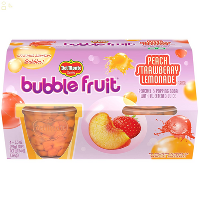 Del Monte® Bubble Fruit™ Peach Strawberry Lemonade Peaches & Popping Boba with Sweetened Juice 4-3.5 Ounce Cups (Pack of 4), Orange