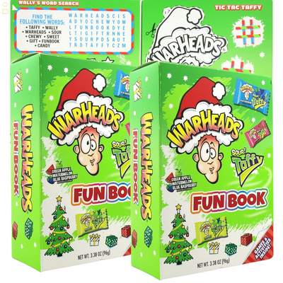 Warheads Christmas Stocking Stuffer Activity Book with Sour Taffy Candy, Individually Wrapped Fruit Flavored Taffies, (Pack of 2)