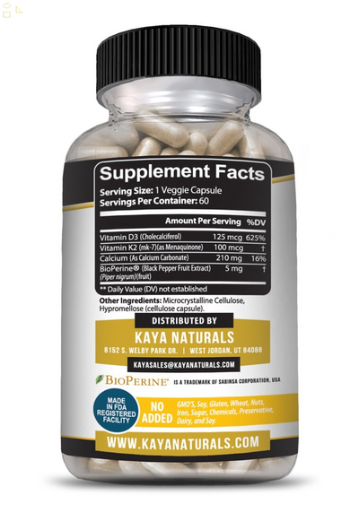 Vitamin K2 (MK7) with D3 5000 IU Supplement, Bioperine Capsules, Immune Health