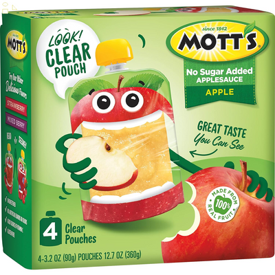 Mott'S No Sugar Added Applesauce, 3.2 Oz Clear Pouches, 4 Count