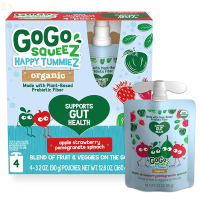 Gogo Squeez Happy Tummiez Organic Apple Strawberry Pomegranate Spinach, 3.2 Oz (Pack of 4), Kids Snacks with Prebiotic Fiber, Gluten Free, Nut Free, Dairy Free Gut-Friendly Snack
