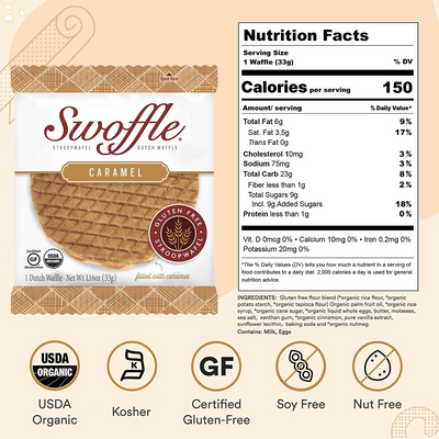 Swoffle Single Stroopwafel Sample, Caramel - Single Stroopwafel Cookie | One 1.16Oz Stroopwafel | Individual Wrapped Stroopwafel | Wheat Free, Gluten Free, and All Natural!