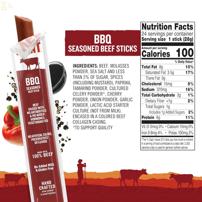 Vermont Smoke & Cure Beef Jerky Sticks, BBQ, 1Oz Stick
