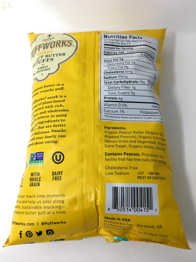 PUFFWORKS Organic Honey Peanut Butter Puffs, 3.5 OZ
