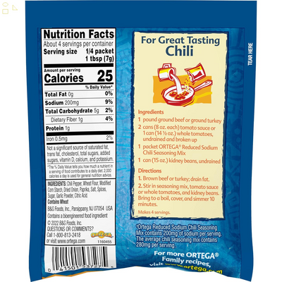 12 Packs Ortega Seasoning Mix, Reduced Sodium Chili, 1 Ounce Packaging may vary