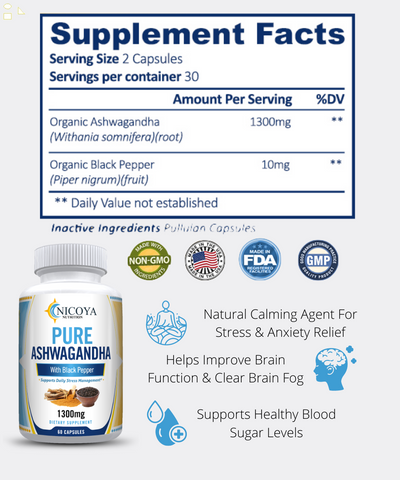 Organic Ashwagandha- Daily Anti-Anxiety & Stress Relief, Mood Booster 1300MG