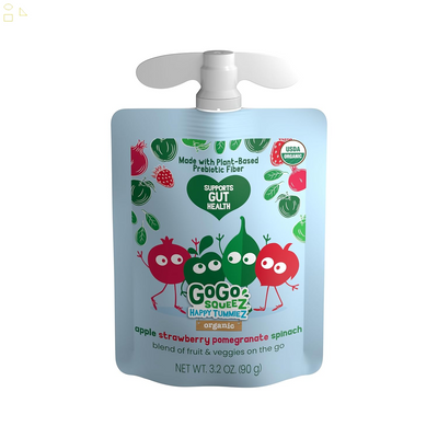 Gogo Squeez Happy Tummiez Organic Apple Strawberry Pomegranate Spinach, 3.2 Oz (Pack of 4), Kids Snacks with Prebiotic Fiber, Gluten Free, Nut Free, Dairy Free Gut-Friendly Snack