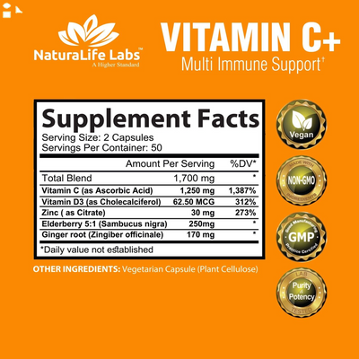 Vitamin C 1,700 MG with Vitamin D3, Zinc, Elderberry, Ginger Root - 100 V Caps