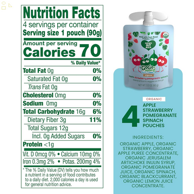 Gogo Squeez Happy Tummiez Organic Apple Strawberry Pomegranate Spinach, 3.2 Oz (Pack of 4), Kids Snacks with Prebiotic Fiber, Gluten Free, Nut Free, Dairy Free Gut-Friendly Snack