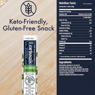 Lorissa'S Kitchen Grass Fed Beef Sticks, Jalapeño, 1 Oz. Stick - Made with 100% Grass-Fed Beef, Keto Friendly Snacks, Gluten Free, No Added Nitrites or Nitrates - (Packaging May Vary), Pack of 1