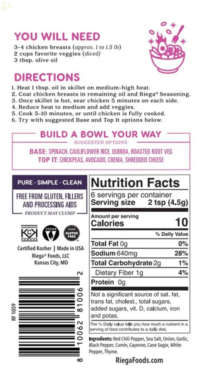 Riega Chicken Bowl Gluten-Free Blackened Chicken Bowl Seasoning Mix, 1 Oz  Packing May Vary 
