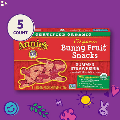 Annie'S Organic Bunny Fruit Snacks, Summer Strawberry, 0.8 Oz, 5 Ct