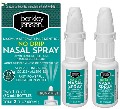 Berkley No Drip Maximum Strength plus Menthol 12 Hour Nasal Congestion Relief Spray 2 X 1Oz Bottles | Compare to Afrin Maximum Strength Active Ingredient