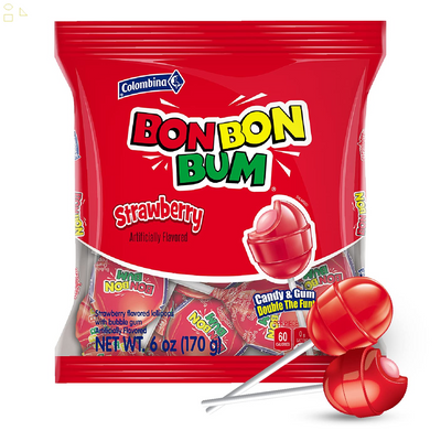 Colombina Bon Bon Bum Classic Lollipops - Sweet Strawberry with Chewy Bubble Gum Center Suckers, Gluten-Free Candy, 6 Oz Bags (10 Count) - 1 Pack